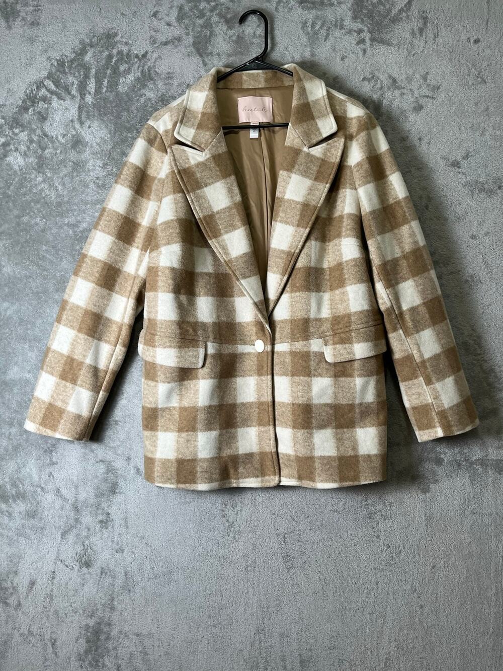 Hutch Buffalo Plaid Wool Blend Blazer Jacket Beige Cream Shacket Coat Size 1X